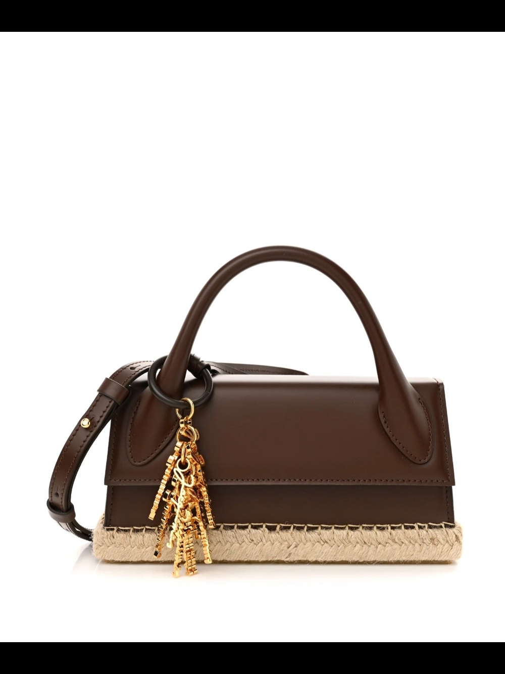 Brown Leather Top-Handle Bag with Gold Tassel Charm. A Little Bit Dent On It